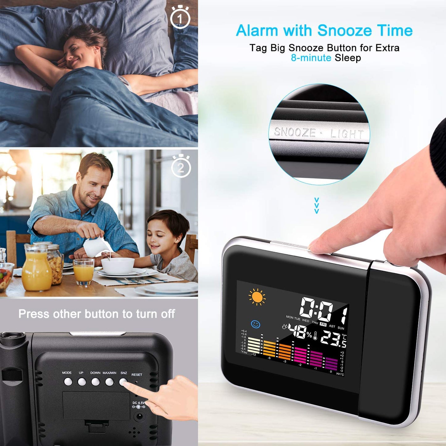 LED Alarm Projection Thermometer Hygrometer Wireless  Digital Watch Snooze  Clock